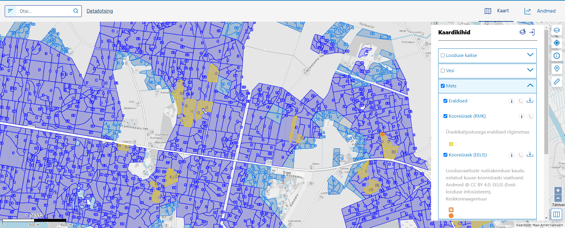Keskkonnaportaali kaardirakenduse kuva ja metsa kaardikihid